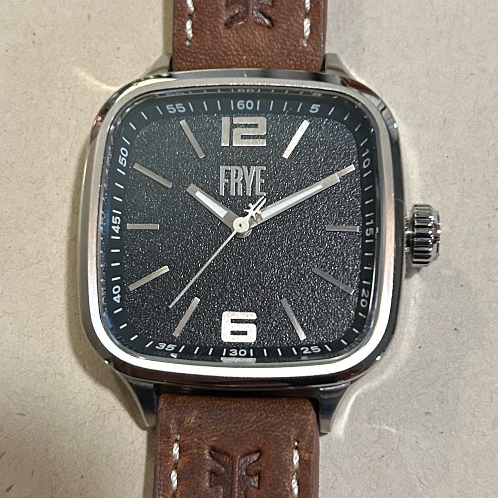 Frye Bowery Watch With 41mm Square Black Face & Brown Leather Band